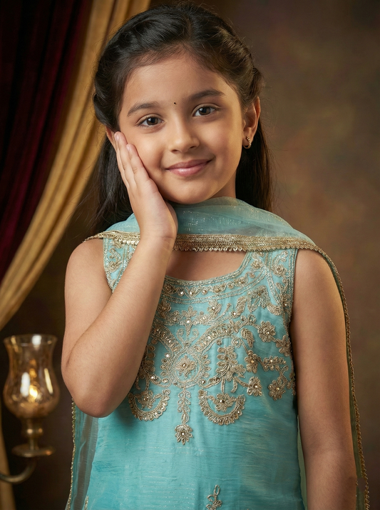 Luxury Girls Aqua Blue Embroidered Kurta Palazzo Set with Dupatta | Premium Ethnic Party Wear for Kids