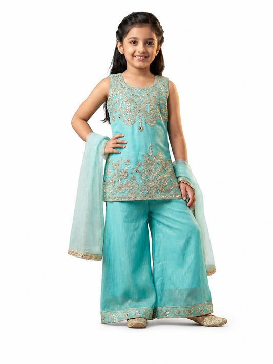 Luxury Girls Aqua Blue Embroidered Kurta Palazzo Set with Dupatta | Premium Ethnic Party Wear for Kids