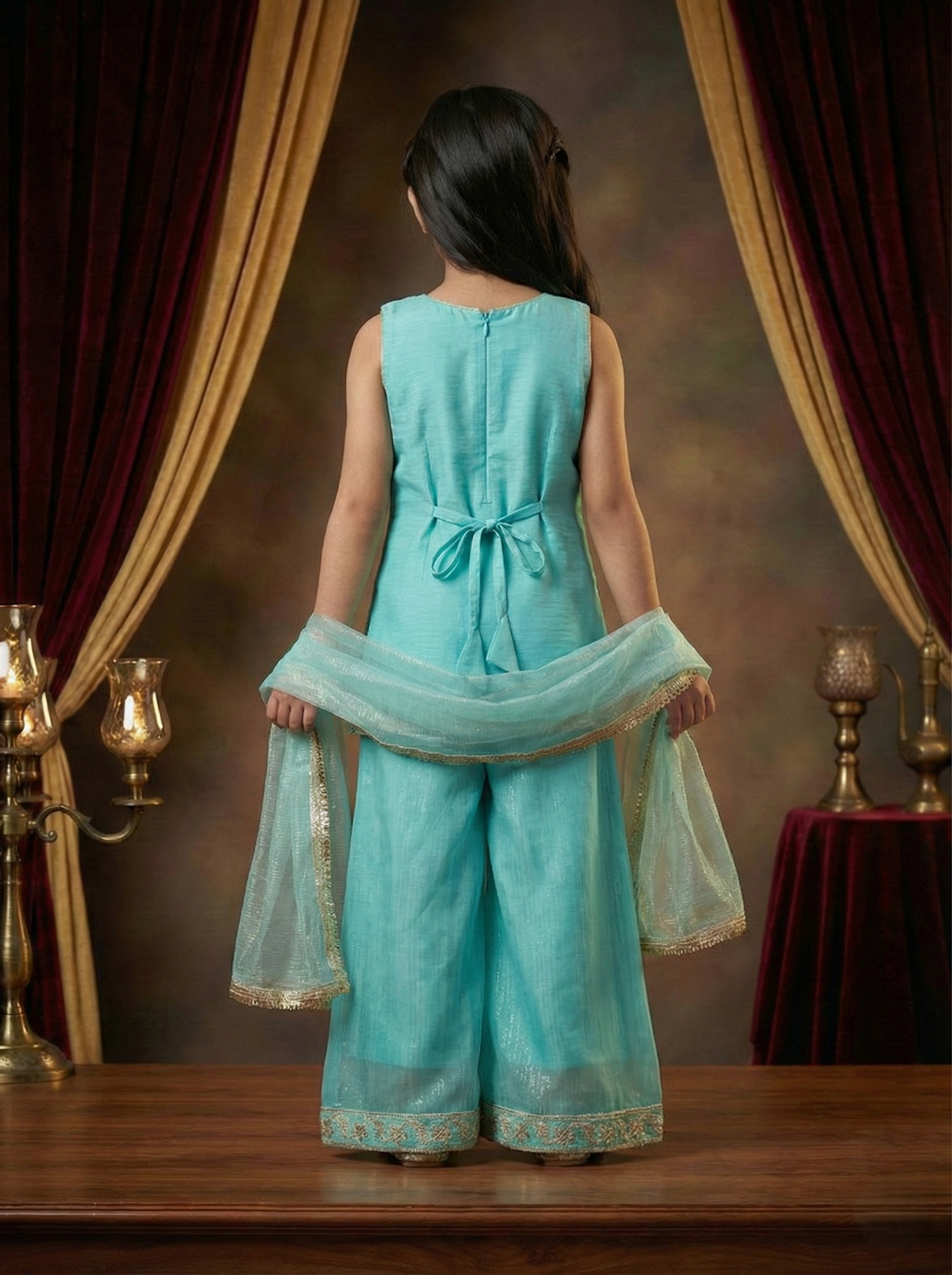 Luxury Girls Aqua Blue Embroidered Kurta Palazzo Set with Dupatta | Premium Ethnic Party Wear for Kids